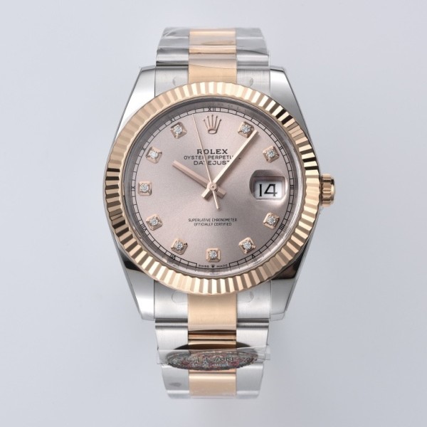 Datejust series men's and women's watch with diamond accents, pink dial, gold bezel, 41mm, two-tone Oyster bracelet.